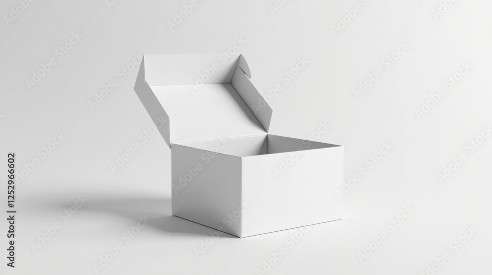 Aufkleber a plain white cardboard box partially open, ready for product placement and packaging design mockup