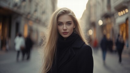 Fototapeta premium Young woman walks through a busy street as evening light creates a warm glow around her