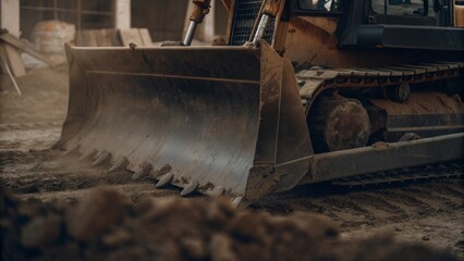 Bulldozer moving earth construction site closeup photography urban environment ground level heavy machinery operation