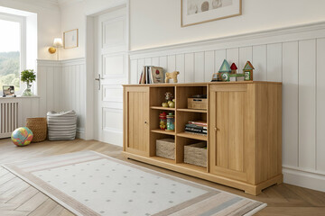 Light Brown Wooden Storage Cabinet In A Child's Room with Storage Solutions for