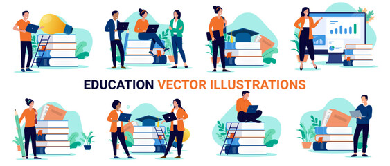 Education and school illustrations collection - Set of vector graphic design elements of student people using computers, reading books and working on educational research