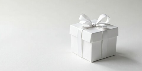 Obraz premium A pristine white gift box, elegantly adorned with a delicate white ribbon, rests on a smooth, bright surface, symbolizing purity, simplicity, and anticipation of a special occasion.