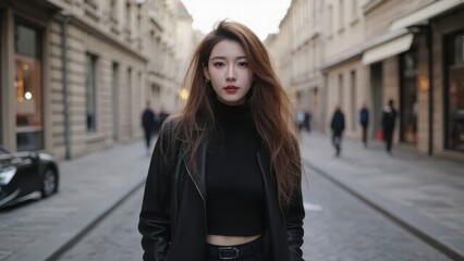 Young woman confidently poses on a cobblestone street in a fashionable outfit during daylight