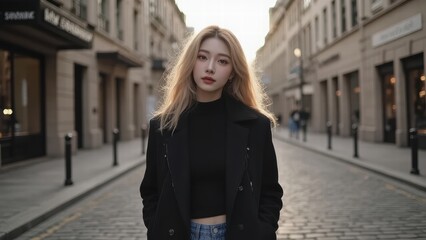 Woman walking down a quiet street in a stylish black outfit during golden hour light in an urban setting