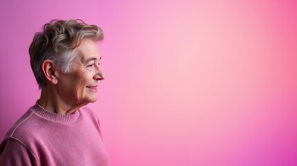 Smiling elderly woman in pink sweater against pink background