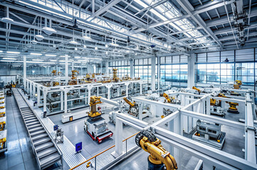 Modern Automated Industrial Manufacturing Factory Interior with Robotics and