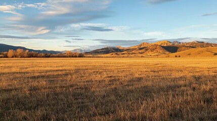 Obraz premium Scenic Mountain Landscape with Golden Grassland at Sunset