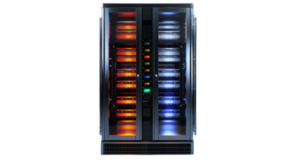 High Tech Server Room Interior Illuminated Data Center Rack with Network Equipment and Colorful Lights   Technology Infrastructure Concept