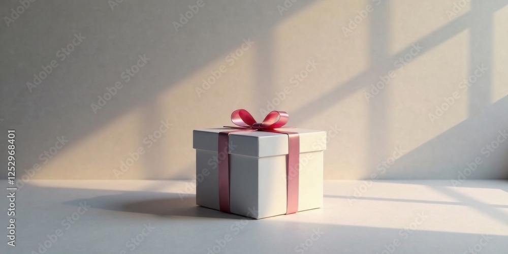 Poster a solitary white gift box adorned with a delicate pink ribbon, bathed in the soft glow of sunlight f