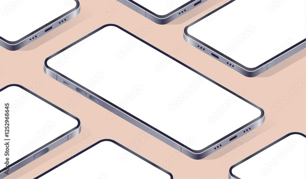 Leinwandbilder Isometric mobile phone screen template - Set of unbranded smartphones in perspective top view with white empty screens. Mockup of website or app presentation vector illustration