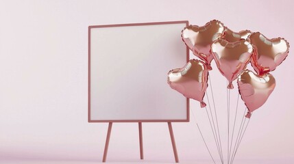 Romantic heart balloons by an empty frame.