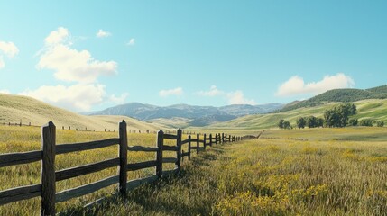 Serene rural landscape with wooden fence, rolling hills, and clear sky