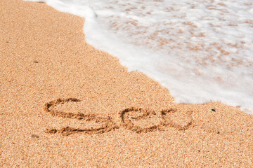  word Sea is written on the sand, a sea wave is running
