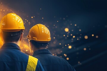 Two construction workers wearing yellow hard hats standing together in a workshop with glowing sparks in the background. Teamwork and industrial focus.
