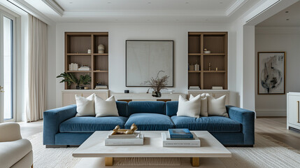 Fototapeta premium contemporary sofa with textured blue teal woven wool upholstery. off white walls, modern art on the walls, traditional modern-style beige oak built-in cabinets with gold handles