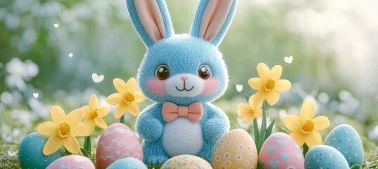Blue Easter Bunny with Pink Cheeks Amidst Colorful Eggs and Daffodils in a Spring Garden