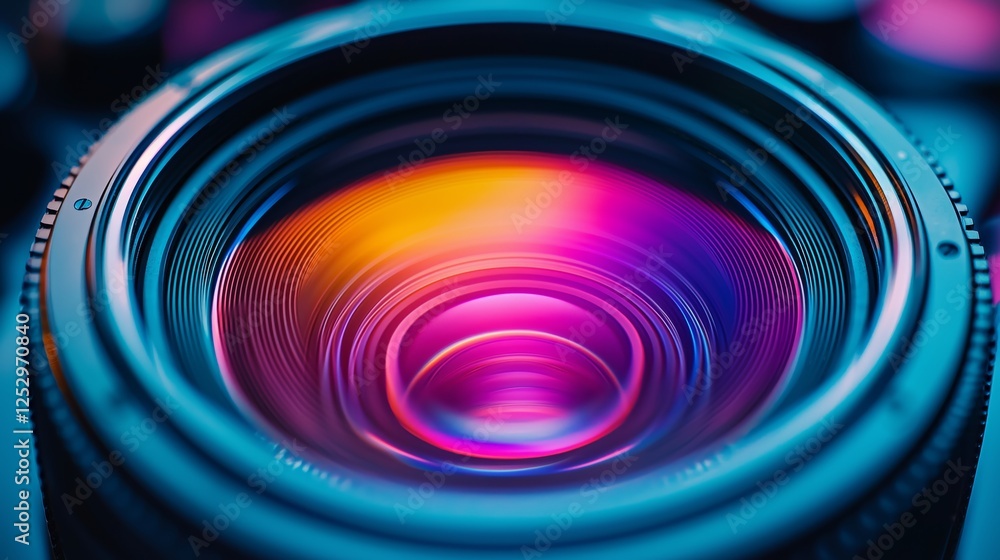 Poster close-up view of colorful camera lens with abstract optical effects