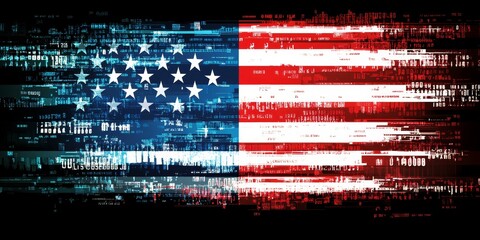 American Flag With Technological Data Visualization, Cyber Security Concept Illustration
