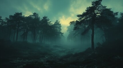 Mystic Forest Enshrouded in Ethereal Mist, A Tranquil and Enigmatic Woodland Scene