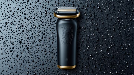 Black and Gold Electric Razor with Water Drops on Dark Surface