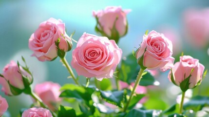 Beautiful pink roses in a sunny garden.