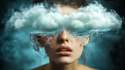 Woman's face is shown with water droplets falling from her eyes. The image has a dreamy, ethereal quality to it, as if the woman is looking through a foggy window or a hazy mist