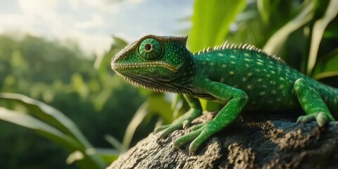 Fototapeta premium A vibrant green lizard rests on a rock amidst lush foliage, capturing the essence of its natural habitat in a serene, sunlight-drenched environment.