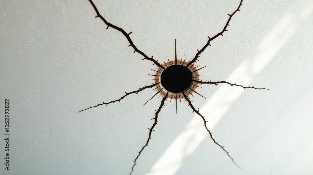 Poster abstract artwork featuring a central perforation and radiating, branch-like markings on a light-colo