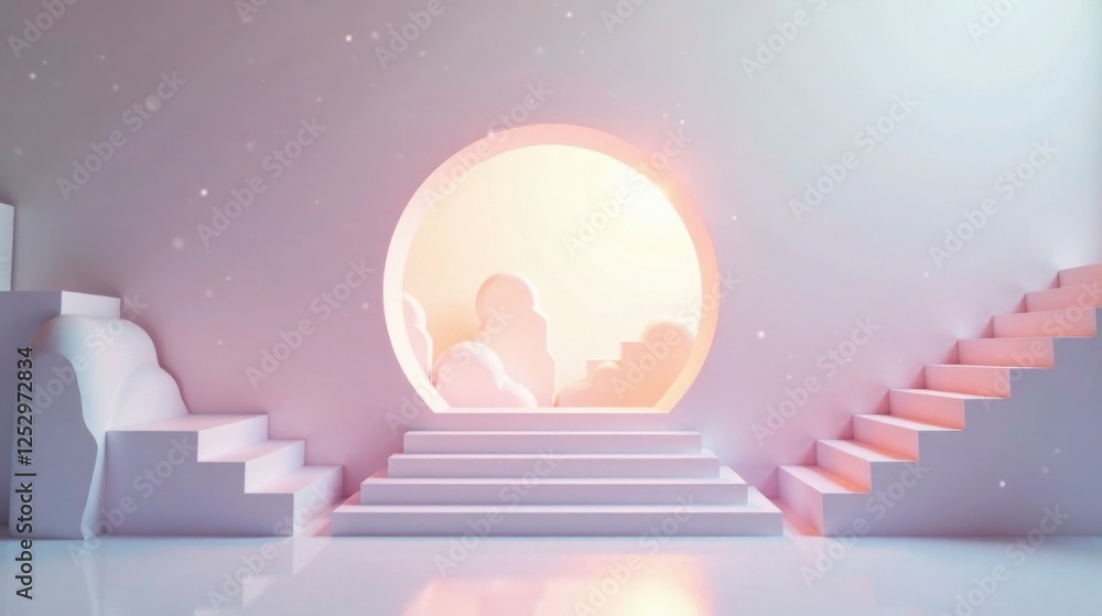 Poster serene minimalist interior with steps leading to a circular portal and soft illumination