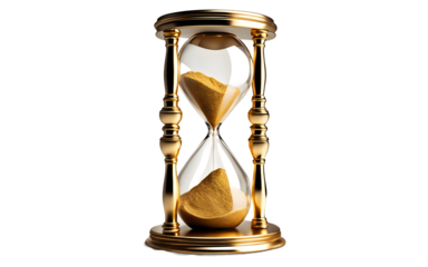 A decorative hourglass with gold sand on a empty plain background