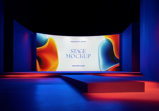 Illuminated Stage Mockup: Perfect for Event Branding, Presentations, Trade Shows, Exhibitions, and Indoor Screen Banners