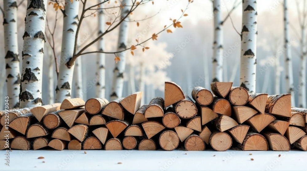 Poster a neatly stacked pile of firewood rests before a tranquil birch forest, bathed in the soft light of 