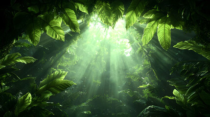 Sunbeams pierce lush rainforest canopy, dappled light on jungle floor, nature background