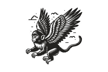 Flying monkey with wings in vintage surreal vector engraving style © Victoria