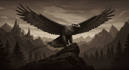 A black and white illustration of a majestic eagle perched on a rock.