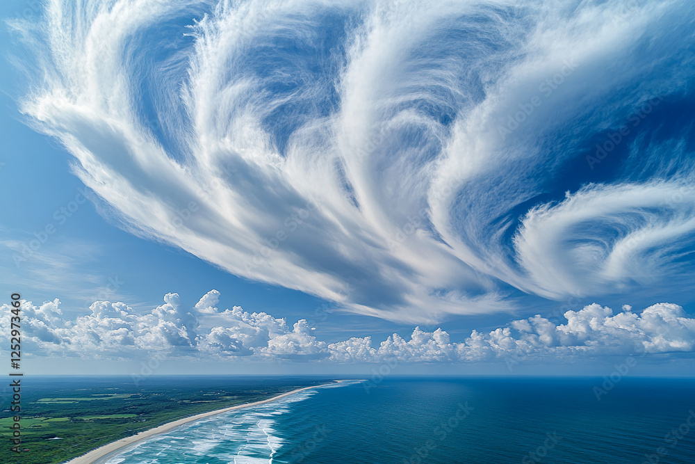 Poster aerial view of dramatic cloud formations over the ocean, highlighting swirling patterns in the sky a