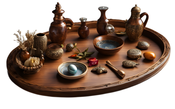 A decorative wooden tray with handles filled with decorative objects on a empty plain background
