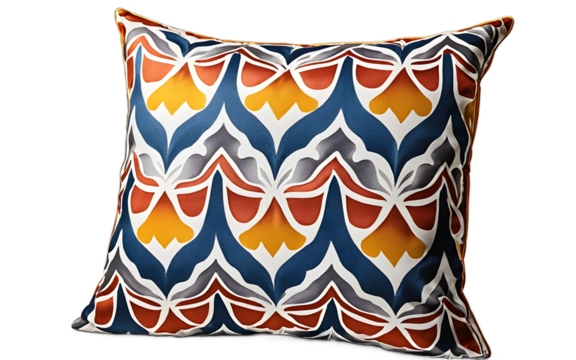 A designer accent pillow with a bold graphic pattern on a empty plain background