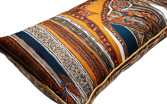 A designer accent pillow with a bold graphic pattern on a empty plain background