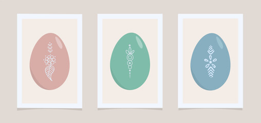 Wall art set of 3 abstract Easter eggs. Scandinavian, minimalism, boho style. Design of premises, rooms, offices, halls, corridors, kitchen. Contemporary art Vector illustration