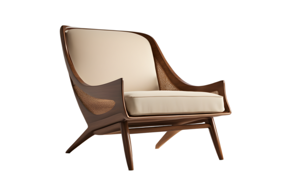 A designer lounge chair in a warm beige fabric with a wooden frame on a empty plain background