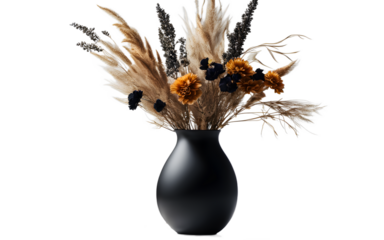 A designer vase with a matte black finish holding dried flowers on a empty plain background