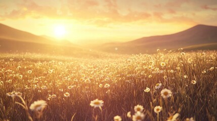 Golden Sunrise Over a Meadow Filled with Beautiful Wildflowers