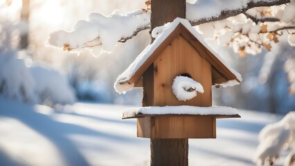 Naklejka premium Snow covered birdhouse on sunny winter day. Bird feeder hanging from a tree. Wooden bird house with small bird sitting in it during winter. 