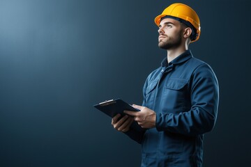 Male construction worker holding a clipboard and wearing a yellow helmet against a dark background. professionalism and preparation. copy space