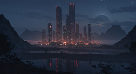 A digital painting of a futuristic city at night.