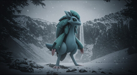 A digital artwork of a blue dragon standing in a snowy landscape.