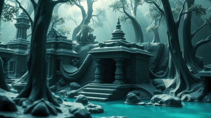 Enchanted forest with ancient temple ruins surrounded by misty trees and serene blue water