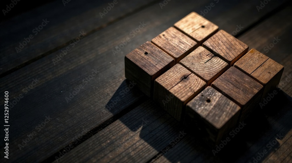 Aufkleber rustic wooden blocks arranged in a square pattern on a dark wooden surface, illuminated by natural l