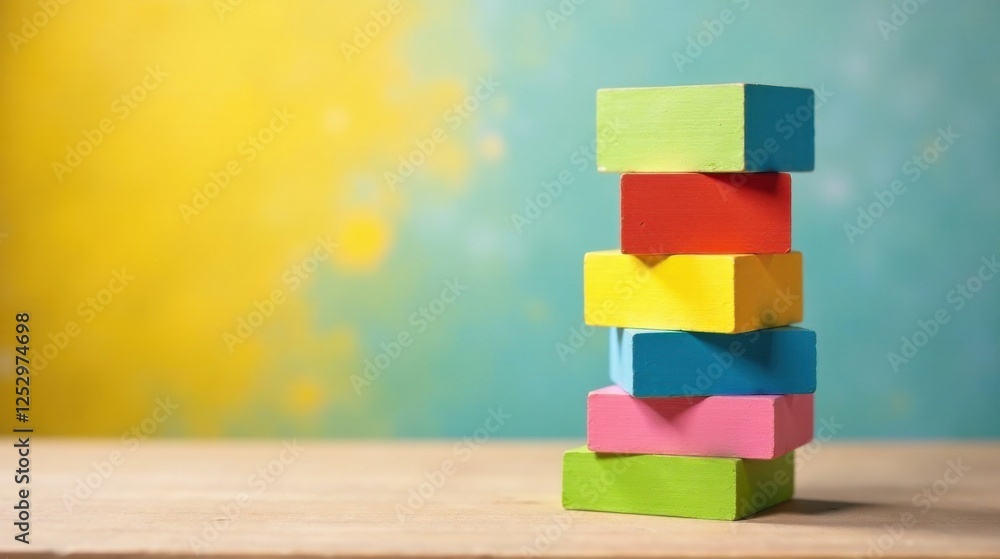 Aufkleber a vibrant stack of colorful wooden blocks on a light brown surface against a blurred yellow and teal
